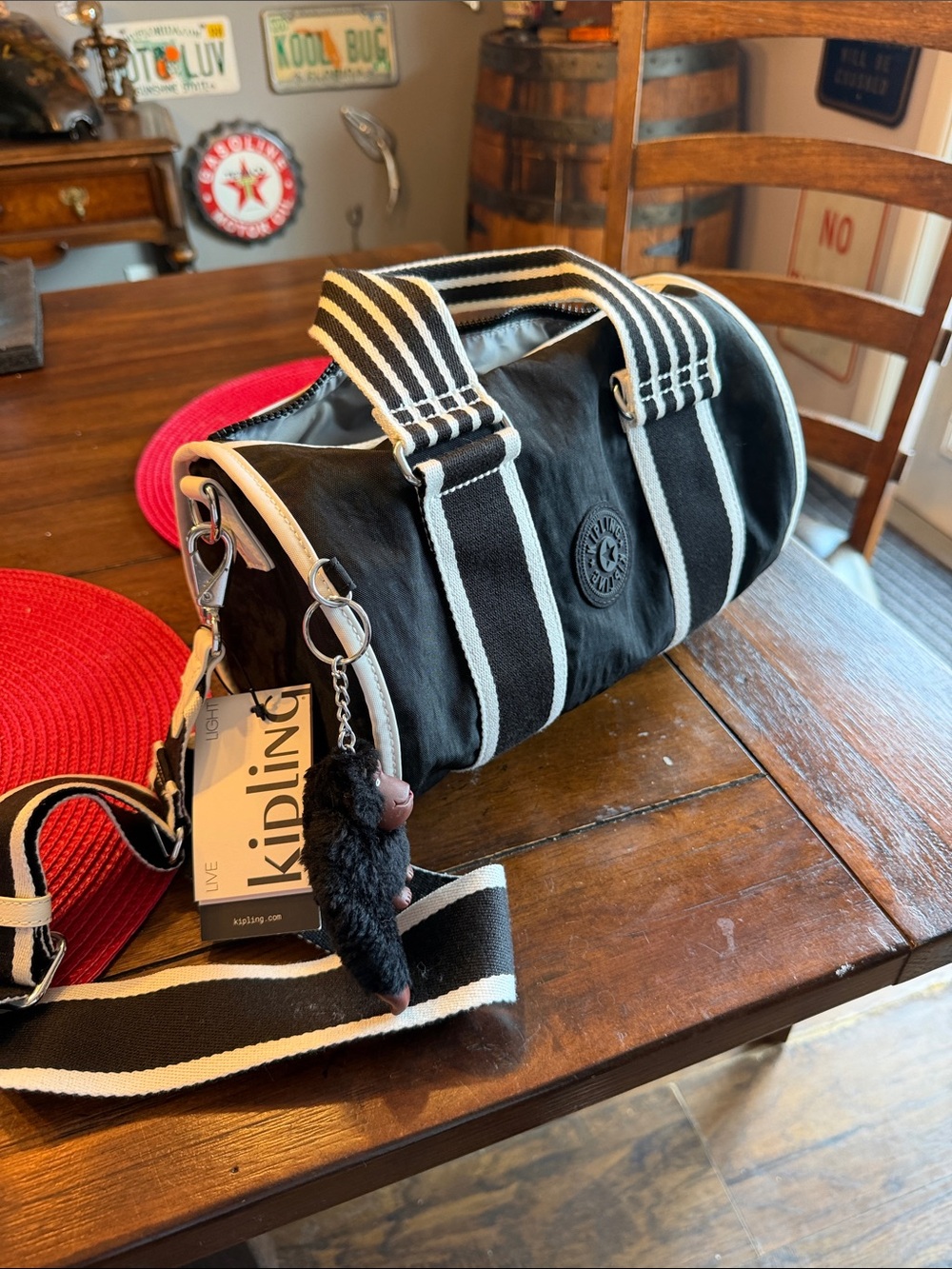 Kipling bag with monkey, Black and White Striped crossbody nwt